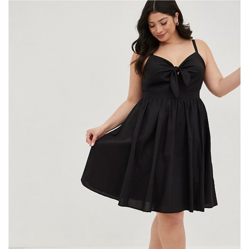 NWT TIE-FRONT MINI SKATER DRESS - POPLIN BLACK